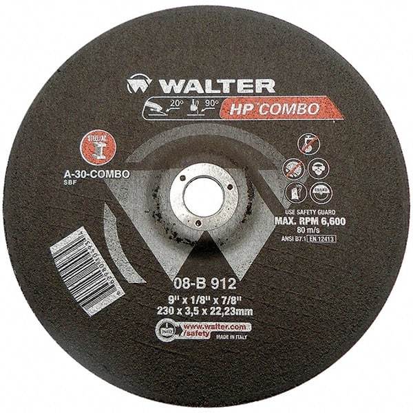 WALTER Surface Technologies - 30 Grit, 9" Wheel Diam, 1/8" Wheel Thickness, 7/8" Arbor Hole, Type 27 Depressed Center Wheel - Aluminum Oxide, Resinoid Bond, 6,600 Max RPM - Eagle Tool & Supply