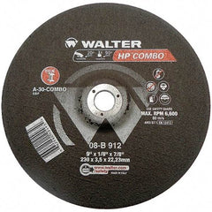 WALTER Surface Technologies - 30 Grit, 9" Wheel Diam, 1/8" Wheel Thickness, 7/8" Arbor Hole, Type 27 Depressed Center Wheel - Aluminum Oxide, Resinoid Bond, 6,600 Max RPM - Eagle Tool & Supply