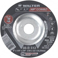 WALTER Surface Technologies - 30 Grit, 5" Wheel Diam, 1/8" Wheel Thickness, 7/8" Arbor Hole, Type 27 Depressed Center Wheel - Aluminum Oxide, Resinoid Bond, 12,200 Max RPM - Eagle Tool & Supply