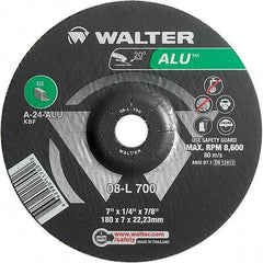 WALTER Surface Technologies - 24 Grit, 7" Wheel Diam, 1/4" Wheel Thickness, 7/8" Arbor Hole, Type 27 Depressed Center Wheel - Aluminum Oxide, Resinoid Bond, 8,600 Max RPM - Eagle Tool & Supply