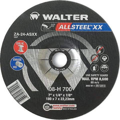 WALTER Surface Technologies - 24 Grit, 7" Wheel Diam, 1/8" Wheel Thickness, 7/8" Arbor Hole, Type 27 Depressed Center Wheel - Aluminum Oxide, Resinoid Bond, 8,600 Max RPM - Eagle Tool & Supply
