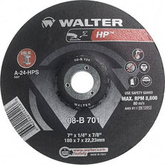 WALTER Surface Technologies - 24 Grit, 7" Wheel Diam, 1/4" Wheel Thickness, 7/8" Arbor Hole, Type 28 Depressed Center Wheel - Aluminum Oxide, Resinoid Bond, 8,600 Max RPM - Eagle Tool & Supply