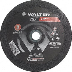 WALTER Surface Technologies - 24 Grit, 9" Wheel Diam, 1/4" Wheel Thickness, 7/8" Arbor Hole, Type 28 Depressed Center Wheel - Aluminum Oxide, Resinoid Bond, 6,600 Max RPM - Eagle Tool & Supply