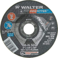 WALTER Surface Technologies - 36 Grit, 5" Wheel Diam, 1/8" Wheel Thickness, 7/8" Arbor Hole, Type 27 Depressed Center Wheel - Aluminum Oxide/Silicon Carbide Blend, Resinoid Bond, 12,200 Max RPM, Compatible with Angle Grinder - Eagle Tool & Supply