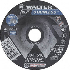 WALTER Surface Technologies - 30 Grit, 5" Wheel Diam, 1/4" Wheel Thickness, 7/8" Arbor Hole, Type 27 Depressed Center Wheel - Aluminum Oxide, Resinoid Bond, 12,200 Max RPM - Eagle Tool & Supply