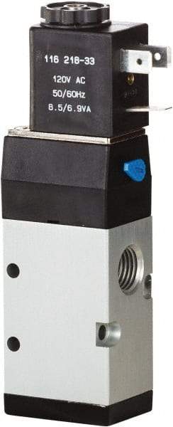 ARO/Ingersoll-Rand - 1/4" Inlet x 1/4" Outlet, Single Solenoid Actuator, Spring Return, 2 Position, Body Ported Solenoid Air Valve - 120 VAC Input, 0.7 CV, 3 Way, 115 psi, 122° Max Temp, 15° Min Temp - Eagle Tool & Supply
