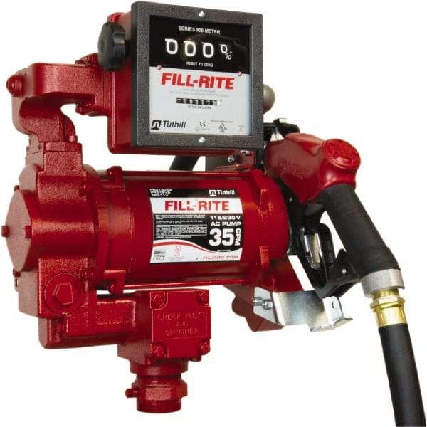 Tuthill - 35 GPM, 1" Hose Diam, Gasoline, Kerosene & Diesel Fuel AC High Flow Tank Pump with Auto Nozzle & 901 Meter - Cast Iron Pump, 1-1/4" Inlet, 1" Outlet, 115/230 Volts, 18' Hose Length, 3/4 hp - Eagle Tool & Supply