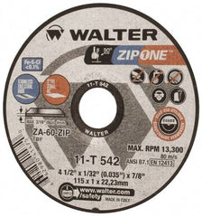 WALTER Surface Technologies - 4-1/2" Aluminum Oxide/Silicon Carbide Blend Cutoff Wheel - 1/32" Thick, 7/8" Arbor, 13,300 Max RPM, Use with Angle Grinders - Eagle Tool & Supply