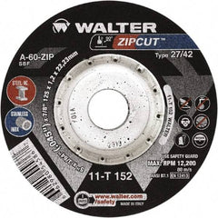 WALTER Surface Technologies - 60 Grit, 4-1/2" Wheel Diam, 3/64" Wheel Thickness, 7/8" Arbor Hole, Type 27 Depressed Center Wheel - Aluminum Oxide, Resinoid Bond, 13,300 Max RPM, Compatible with Angle Grinder - Eagle Tool & Supply
