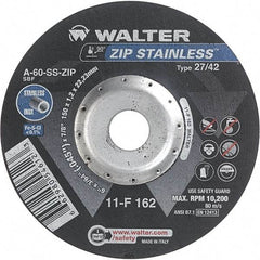 WALTER Surface Technologies - 60 Grit, 6" Wheel Diam, 3/64" Wheel Thickness, 7/8" Arbor Hole, Type 27 Depressed Center Wheel - Aluminum Oxide/Silicon Carbide Blend, Resinoid Bond, 10,200 Max RPM - Eagle Tool & Supply