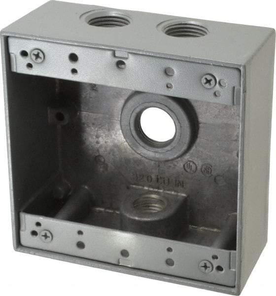Thomas & Betts - 2 Gang, (4) 1/2" Knockouts, Aluminum Square Outlet Box - 4-9/16" Overall Height x 4-5/8" Overall Width x 2-1/16" Overall Depth, Weather Resistant - Eagle Tool & Supply