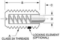 Vlier - 5/8-11, 1-1/16" Thread Length, 0.215" Plunger Projection, Steel Threaded Spring Plunger - 0.31" Max Plunger Diam, 1.062" Plunger Length, 7 Lb Init End Force, 50 Lb Final End Force - Eagle Tool & Supply