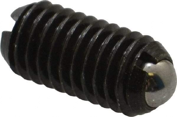Vlier - M8x1.25, 5mm Ball Diam, 16mm Body Length, 1.5mm Max Ball Reach, Threaded Ball Plunger - Steel Body, Steel Ball, 3.37 Lb Initial End Force, 6.75 Lb Final End Force, Locking Element - Eagle Tool & Supply