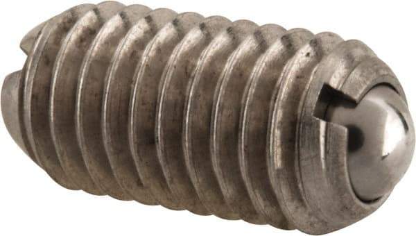 Vlier - M8x1.25, 5mm Ball Diam, 16mm Body Length, 1.5mm Max Ball Reach, Threaded Ball Plunger - Stainless Steel Body, Stainless Steel Ball, 9 Lb Initial End Force, 13.49 Lb Final End Force, Locking Element - Eagle Tool & Supply
