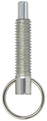 Vlier - M16x2.0, 1.7" Thread Length, 10mm Plunger Diam, 16mm Plunger Projection, 11 N Init to 22 N Final End Force, Steel Locking Pull Ring Plunger - 43mm Len Under Head, 60mm Body Len, 25mm Ring Diam, 2.4" Plunger Len, 0.7" Head Height, Locking Element - Eagle Tool & Supply