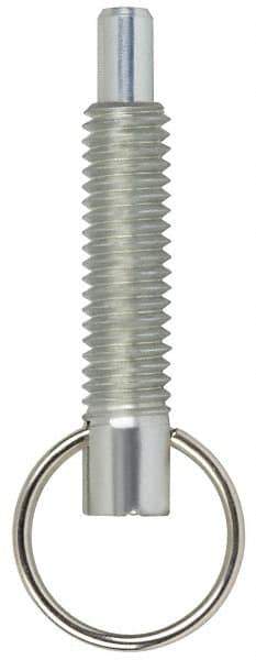 Vlier - M16x2.0, 1.7" Thread Length, 10mm Plunger Diam, 16mm Plunger Projection, 11 N Init to 22 N Final End Force, Steel Locking Pull Ring Plunger - 43mm Len Under Head, 60mm Body Len, 25mm Ring Diam, 2.4" Plunger Len, 0.7" Head Height, Locking Element - Eagle Tool & Supply