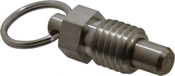 Vlier - 5/8-11, 0.56" Thread Length, 0.38" Plunger Diam, 0.44" Plunger Projection, 1.25 Lb Init to 5 Lb Final End Force, Stainless Steel Pull Ring Plunger - 0.69" Len Under Head, 1" Body Len, 1" Ring Diam, 1.31" Plunger Len, 0.62" Hex, 0.31" Head Height - Eagle Tool & Supply