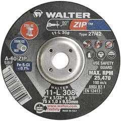 WALTER Surface Technologies - 60 Grit, 3" Wheel Diam, 1/32" Wheel Thickness, 3/8" Arbor Hole, Type 27 Depressed Center Wheel - Aluminum Oxide, Resinoid Bond, 25,470 Max RPM, Compatible with Die Grinders & Straight Shaft Grinder - Eagle Tool & Supply