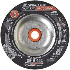 WALTER Surface Technologies - 30 Grit, 4-1/2" Wheel Diam, 1/8" Wheel Thickness, Type 27 Depressed Center Wheel - Aluminum Oxide, 13,300 Max RPM - Eagle Tool & Supply