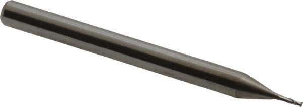 Accupro - 0.025", 0.075" LOC, 1/8" Shank Diam, 1-1/2" OAL, 2 Flute, Solid Carbide Square End Mill - Single End, Uncoated, Spiral Flute, 30° Helix, Centercutting, Series Miniature - Eagle Tool & Supply