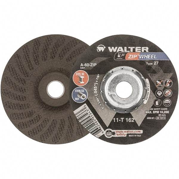 WALTER Surface Technologies - 60 Grit, 6" Wheel Diam, 3/64" Wheel Thickness, 7/8" Arbor Hole, Type 27 Depressed Center Wheel - Aluminum Oxide, Resinoid Bond, 10,200 Max RPM - Eagle Tool & Supply