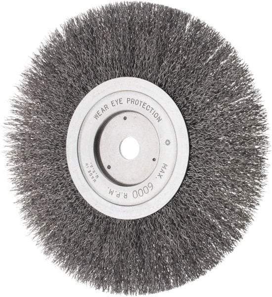 Weiler - 8" OD, 5/8" Arbor Hole, Crimped Steel Wheel Brush - 3/4" Face Width, 1-1/2" Trim Length, 0.014" Filament Diam, 4,500 RPM - Eagle Tool & Supply