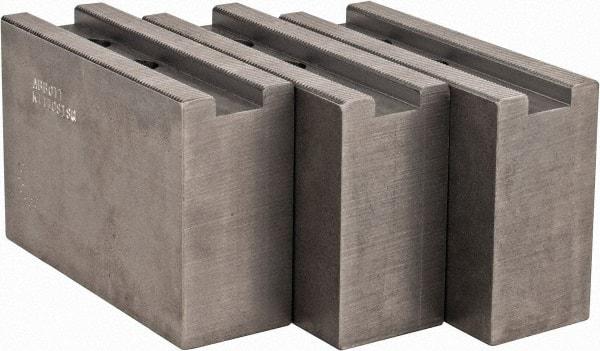 Abbott Workholding Products - 1.5mm x 60° Serrated Attachment, Square Soft Lathe Chuck Jaw - 3 Jaws, Steel, 1.1811" Btw Mount Hole Ctrs, 4-1/2" Long x 1-1/2" Wide x 3" High, 0.6299" Groove, 0.4724" & 12mm Fastener - Eagle Tool & Supply