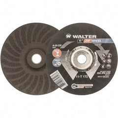 WALTER Surface Technologies - 30 Grit, 7" Wheel Diam, 1/16" Wheel Thickness, 7/8" Arbor Hole, Type 27 Depressed Center Wheel - Aluminum Oxide, Resinoid Bond, 8,600 Max RPM - Eagle Tool & Supply