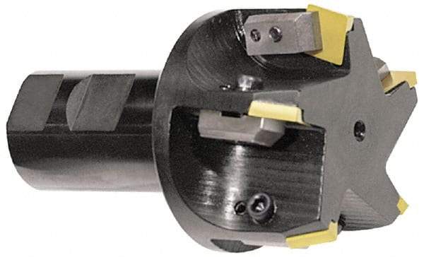 APT - 15° Lead Angle, 2" Max Cut Diam, 2" Min Cut Diam, 0.4063" Max Depth of Cut, Indexable Chamfer and Angle End Mill - 3 Inserts, SPC 42ZR, SPG 422, SPG 423, SPU 422, SPU 423 Insert Style, 3" OAL, Straight Shank - Eagle Tool & Supply