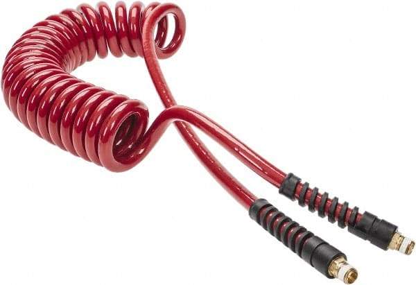 PRO-SOURCE - 3/8" ID, 1/4 Thread, 15' Long, Red Polyurethane Coiled & Self Storing Hose - 200 Max psi, Male Swivel x Male Swivel - Eagle Tool & Supply