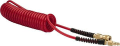 PRO-SOURCE - 1/4" ID, 1/4 Thread, 15' Long, Red Polyurethane Coiled & Self Storing Hose - Male Swivel x Male Swivel - Eagle Tool & Supply