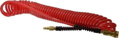 PRO-SOURCE - 1/4" ID, 1/4 Thread, 25' Long, Red Polyurethane Coiled & Self Storing Hose - Male Swivel x Male Swivel - Eagle Tool & Supply