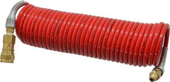 PRO-SOURCE - 1/4" ID, 1/4 Thread, 25' Long, Red Nylon Coiled & Self Storing Hose - 240 Max psi, Industrial Interchange Coupler x Plug - Eagle Tool & Supply