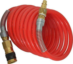 PRO-SOURCE - 3/8" ID, 3/8 Thread, 12' Long, Red Nylon Coiled & Self Storing Hose - 225 Max psi, Industrial Interchange Coupler x Plug - Eagle Tool & Supply