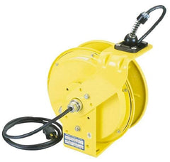 Conductix - 16 AWG, 35' Cable Length, Cord & Cable Reel with Outlet End - 3 Outlets, NEMA 5-15R, 10 Amps, 125 Volts, SOOW-A Cable, Yellow Reel, Spring Driven Reel - Eagle Tool & Supply
