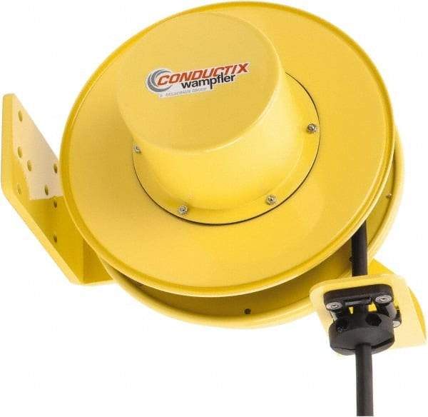 Conductix - 10 AWG, 30' Cable Length, Cord & Cable Reel with Bare End - 3 Outlets, NEMA 5-20R, 25 Amps, SEOW-A Cable, Yellow Reel, Spring Driven Reel - Eagle Tool & Supply