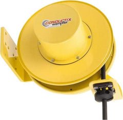 Conductix - 10 AWG, 30' Cable Length, Cord & Cable Reel with Bare End - 3 Outlets, NEMA 5-20R, 25 Amps, SEOW-A Cable, Yellow Reel, Spring Driven Reel - Eagle Tool & Supply