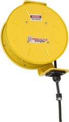 Conductix - 16 AWG, 20' Cable Length, Cord & Cable Reel with Bare End - 4 Outlets, NEMA 5-15R, 8 Amps, SEOW-A Cable, Yellow Reel, Spring Driven Reel - Eagle Tool & Supply