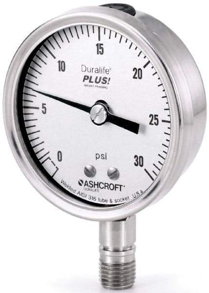 Ashcroft - 2-1/2" Dial, 1/4 Thread, 0-15 Scale Range, Pressure Gauge - Lower Connection Mount, Accurate to 1% of Scale - Eagle Tool & Supply