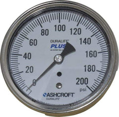 Ashcroft - 3-1/2" Dial, 1/4 Thread, 0-200 Scale Range, Pressure Gauge - Center Back Connection Mount, Accurate to 1% of Scale - Eagle Tool & Supply