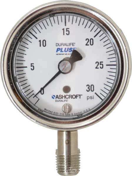 Ashcroft - 2-1/2" Dial, 1/4 Thread, 0-30 Scale Range, Pressure Gauge - Lower Connection Mount, Accurate to 1% of Scale - Eagle Tool & Supply
