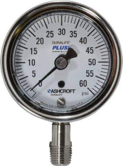 Ashcroft - 2-1/2" Dial, 1/4 Thread, 0-60 Scale Range, Pressure Gauge - Lower Connection Mount, Accurate to 1% of Scale - Eagle Tool & Supply