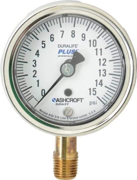 Ashcroft - 2-1/2" Dial, 1/4 Thread, 0-15 Scale Range, Pressure Gauge - Lower Connection Mount, Accurate to 1% of Scale - Eagle Tool & Supply
