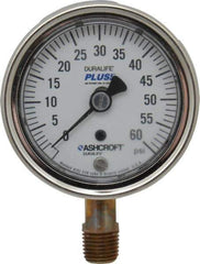 Ashcroft - 2-1/2" Dial, 1/4 Thread, 0-60 Scale Range, Pressure Gauge - Lower Connection Mount, Accurate to 1% of Scale - Eagle Tool & Supply