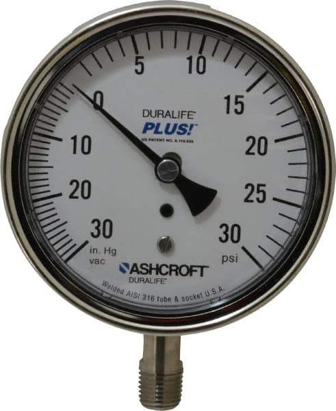 Ashcroft - 3-1/2" Dial, 1/4 Thread, 30-0-30 Scale Range, Pressure Gauge - Lower Connection Mount, Accurate to 1% of Scale - Eagle Tool & Supply