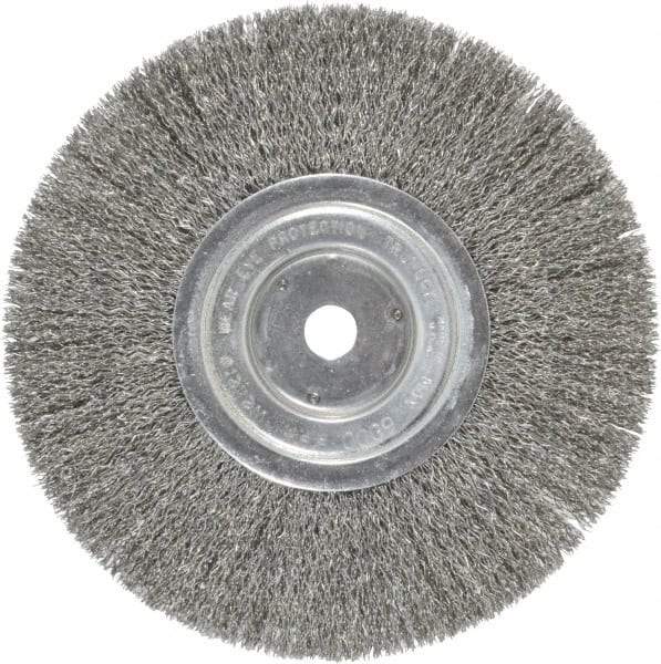 Weiler - 8" OD, 5/8" Arbor Hole, Crimped Steel Wheel Brush - 1/2" Face Width, 2-1/16" Trim Length, 0.014" Filament Diam, 6,000 RPM - Eagle Tool & Supply