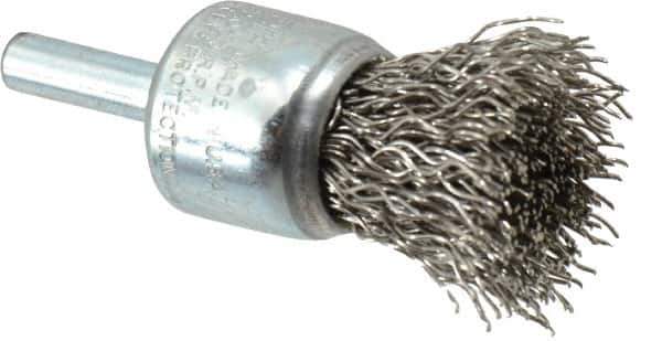 Weiler - 3/4" Brush Diam, Crimped, End Brush - 1/4" Diam Steel Shank, 22,000 Max RPM - Eagle Tool & Supply