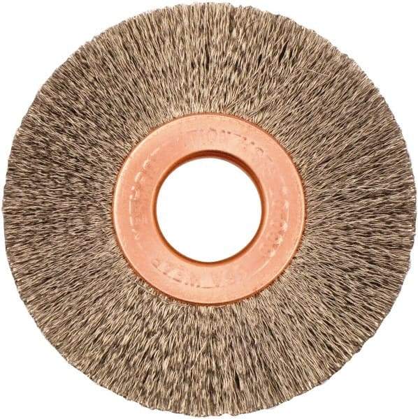 Weiler - 2" OD, 1/2" Arbor Hole, Crimped Stainless Steel Wheel Brush - 3/8" Face Width, 1/2" Trim Length, 0.005" Filament Diam, 20,000 RPM - Eagle Tool & Supply
