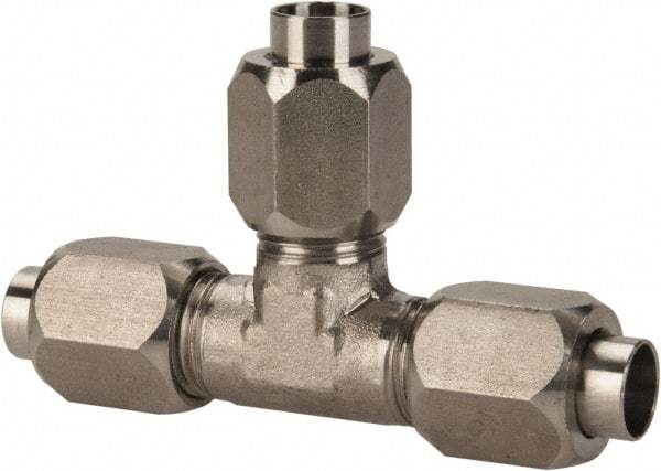 Made in USA - 3/8" Tube OD, 37° Stainless Steel Flared Tube Union Tee - 9/16-18 UNF, Flare x Flare x Flare Ends - Eagle Tool & Supply