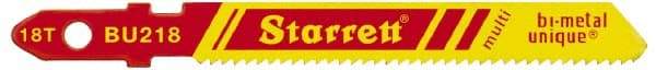 Starrett - 3" Long, 18 Teeth per Inch, Bi-Metal Jig Saw Blade - Toothed Edge, 3/8" Wide x 0.04" Thick, U-Shank, Wavy Tooth Set - Eagle Tool & Supply